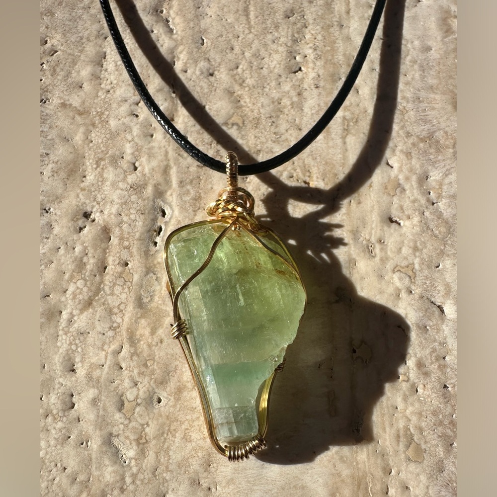 Tarnish Resistant Gold Grounding Copper
 Prasiolite Necklace on leather cord